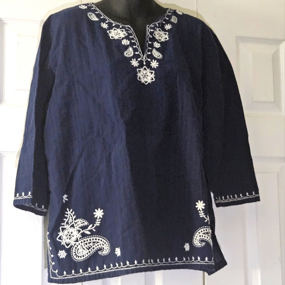Alfred Dunner Navy Blue Embroidered Tunic Top
